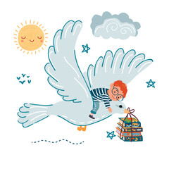Happy child flies on a magical bird.Little boy,dove,books,sun,clouds and stars.Cartoon elements isolated on white background.Vector clip art set.Print on fabric and paper.Flat style illustration.