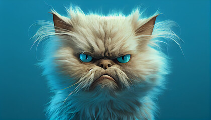 Angry disgruntled cat on a blue background, portrait of an angry cat on solid background, generative ai