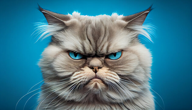 Angry disgruntled cat on a blue background, portrait of an angry cat on solid background, generative ai