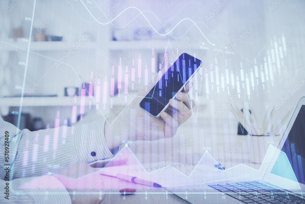 Aufkleber double exposure of man's hands holding and using a digital device and forex graph drawing. financial