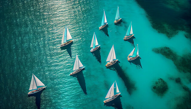 Beautiful sailboats sailing in a team in a sea, generative ai