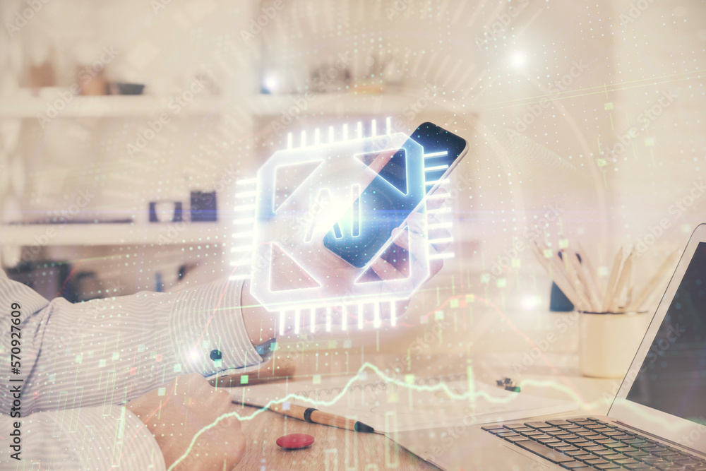 Poster double exposure of man's hand holding and using a digital device and data theme hologram drawing. te