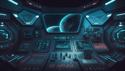 Fototapeta premium Futuristic spaceship cockpit interior, generative ai