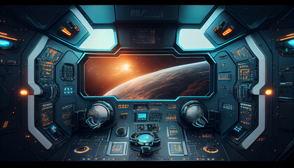 Futuristic spaceship cockpit interior, generative ai