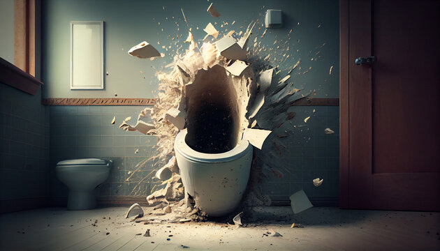 Exploding toilet bowl in bathroom, generative ai