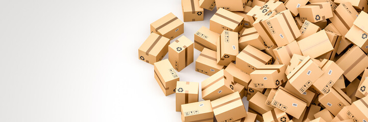 Cardboard boxes on white background with empty copy space on left side, logistics and delivery concept. 3D Rendering