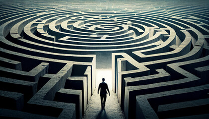Man walking into a big labyrinth, finding a solution for hard problem, generative ai