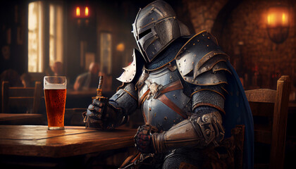 Medieval knight in armor drunk in bar, generative ai - obrazy, fototapety, plakaty