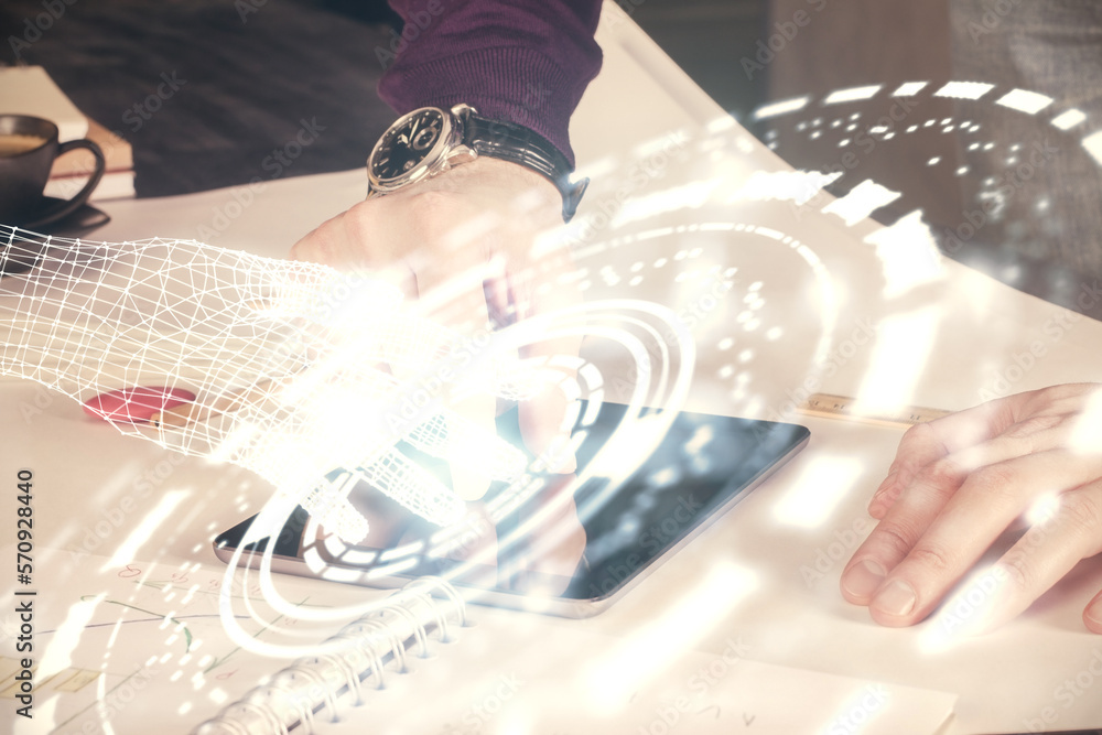 Poster Double exposure of man's hand holding and using a digital device and data theme drawing. Technology concept.