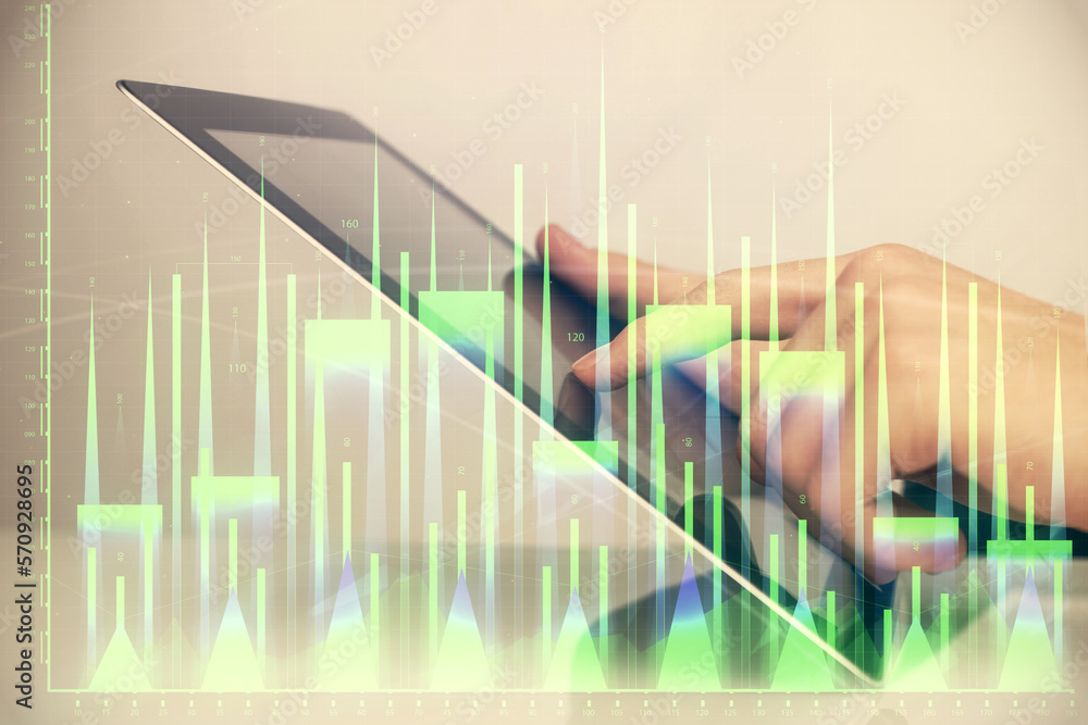 Poster multi exposure of man's hands holding and using a digital phone and forex graph drawing. financial m