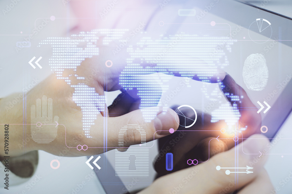 Poster multi exposure of man's hands holding and using a digital device and map drawing. international busi