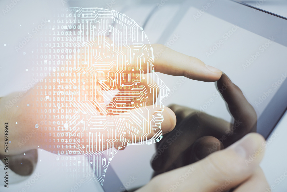 Poster double exposure of man's hand holding and using a digital device and brain hologram drawing. data co