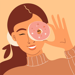 Cute girl holding yummy donut. Fat Thursday tradition. Vector cartoon flat illustration.