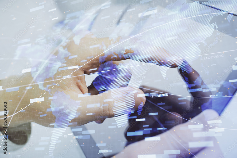 Poster Multi exposure of man's hand holding and using a digital device and data theme drawing. Innovation concept.
