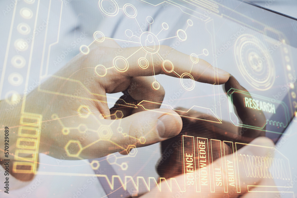Poster multi exposure of man's hand holding and using a digital device and data theme drawing. innovation c