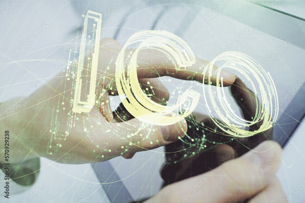 Poster double exposure of man's hands holding and using a phone and crypto currency blockchain theme drawin