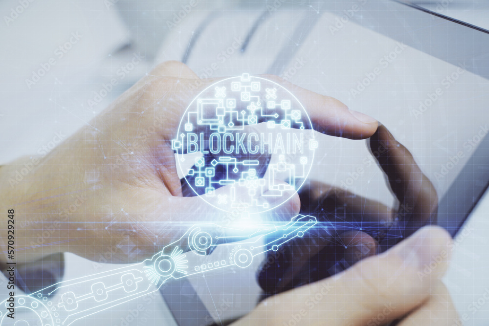 Poster double exposure of man's hands holding and using a phone and crypto currency blockchain theme drawin