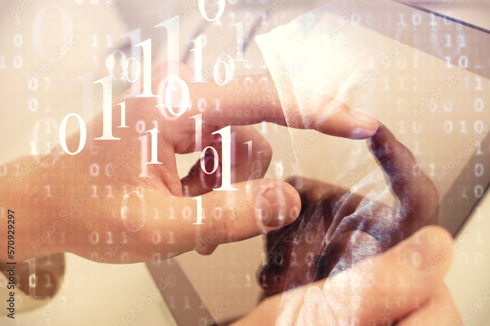 Poster Multi exposure of man's hand holding and using a digital device and data theme drawing. Innovation concept.