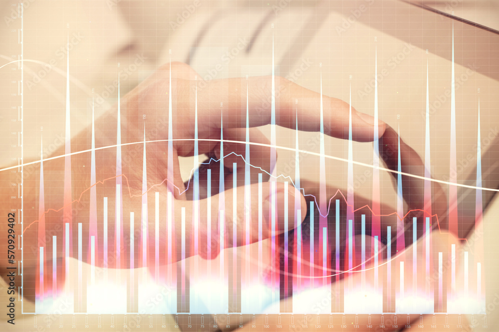 Poster multi exposure of man's hands holding and using a phone and financial chart drawing. market analysis