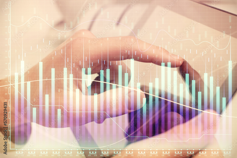 Poster multi exposure of man's hands holding and using a phone and financial chart drawing. market analysis