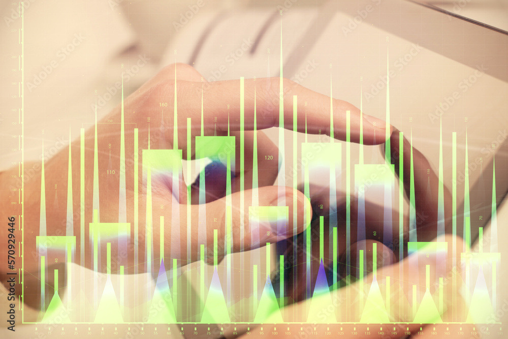 Poster multi exposure of man's hands holding and using a phone and financial chart drawing. market analysis