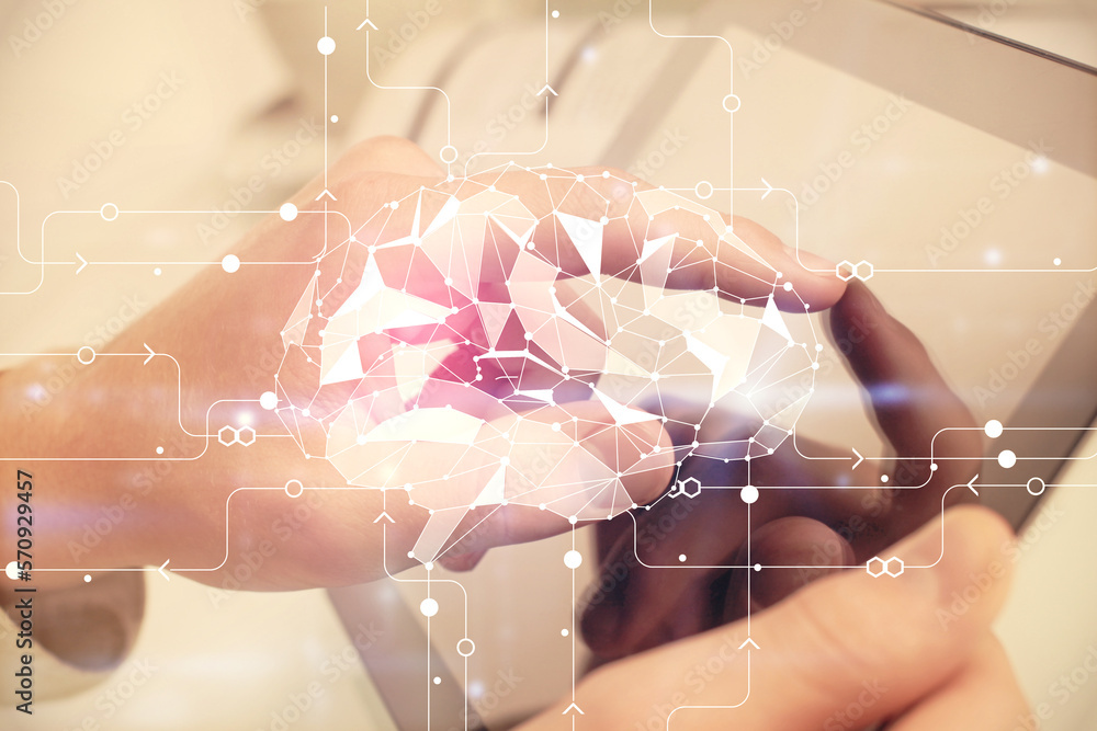 Aufkleber double exposure of man's hand holding and using a digital device and brain hologram drawing. data co
