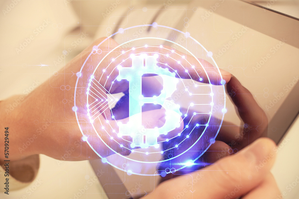 Poster double exposure of man's hands holding and using a phone and crypto currency blockchain theme drawin