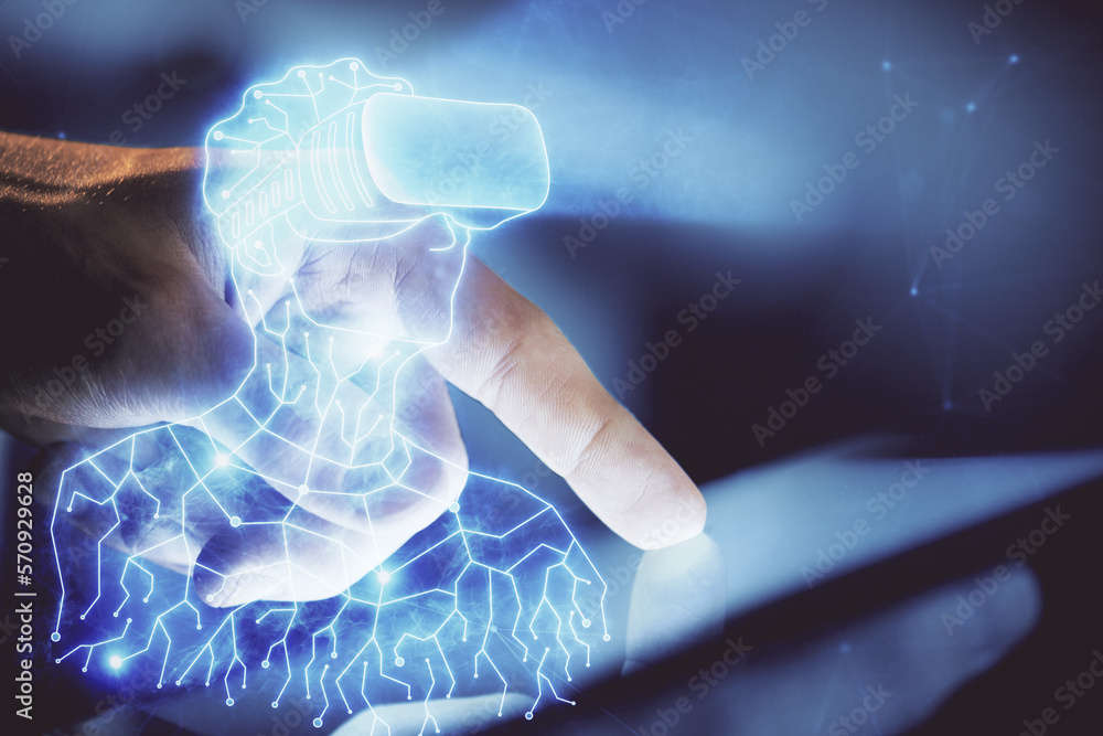Poster double exposure of man's hands holding and using a digital device and ar glasses drawing. virtual re