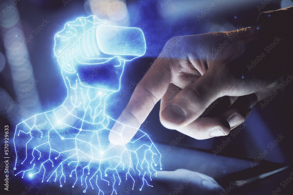 Poster double exposure of man's hands holding and using a digital device and ar glasses drawing. virtual re