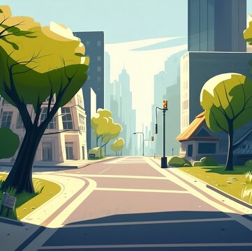 Cartoon  Style City Street On A Sunny Day With Trees And Grass In The Avenue