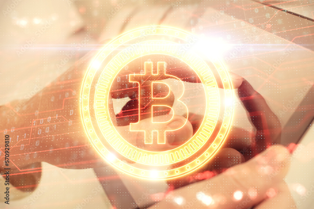Poster double exposure of man's hands holding and using a phone and crypto currency blockchain theme drawin