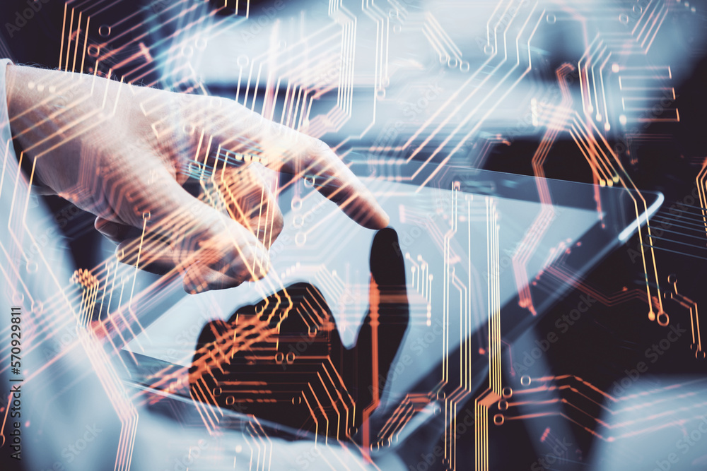 Poster double exposure of man's hands holding and using a digital device and tech theme hologram drawing. t