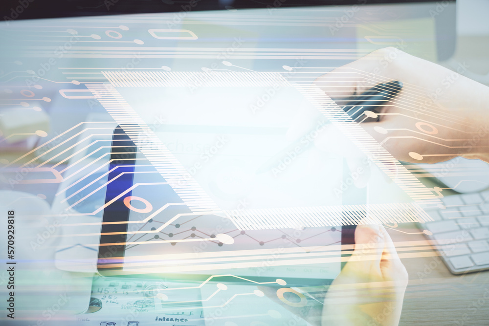 Aufkleber Multi exposure of man's hands holding and using a digital device and data theme drawing. Innovation concept.