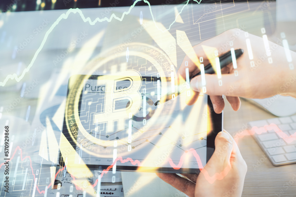 Poster double exposure of man's hands holding and using a phone and crypto currency blockchain theme drawin
