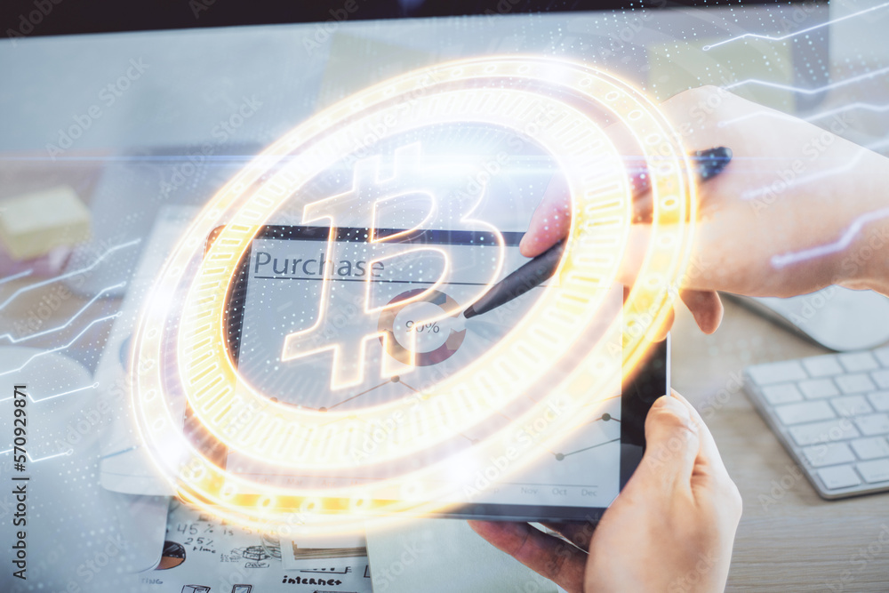 Poster double exposure of man's hands holding and using a phone and crypto currency blockchain theme drawin