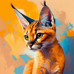 Abstract illustration of cute caracal in wild nature. Modern painting in orange tones of wildcat in savannah.