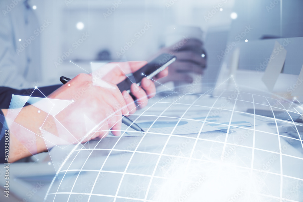 Poster multi exposure of man's hands holding and using a digital device and map drawing. international busi