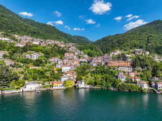 Fototapeta na wymiar Aerial view of Nesso, a picturesque and colourful village sitting on the banks of Lake Como, Italy