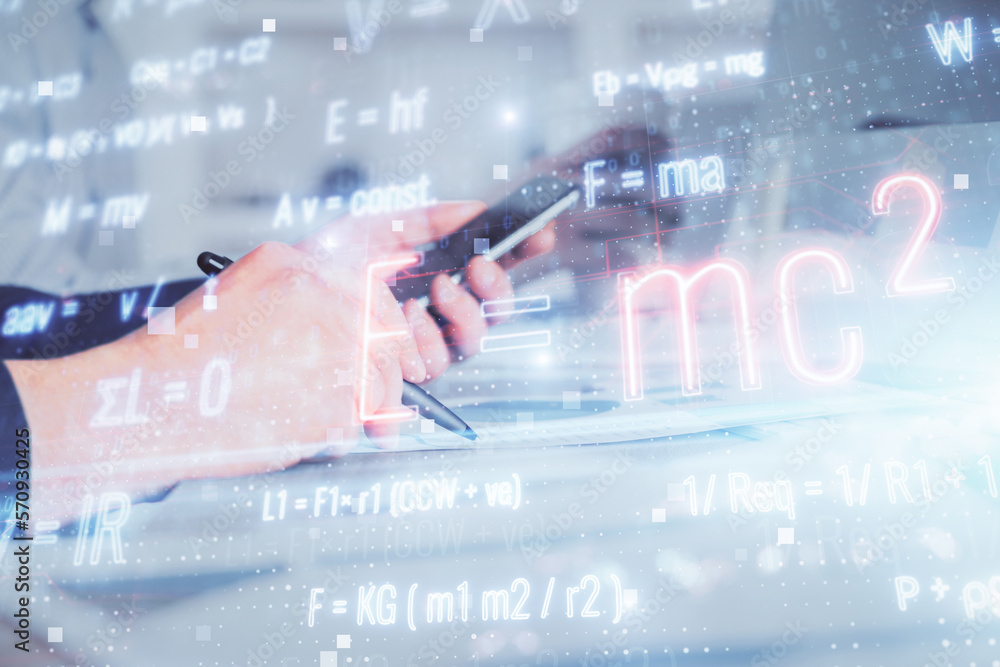 Poster double exposure of man's hands holding and using a phone and formulas drawing. education concept.