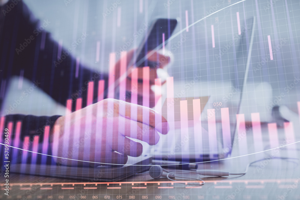Poster Double exposure of man's hands holding and using a phone and financial graph drawing. Analysis concept.