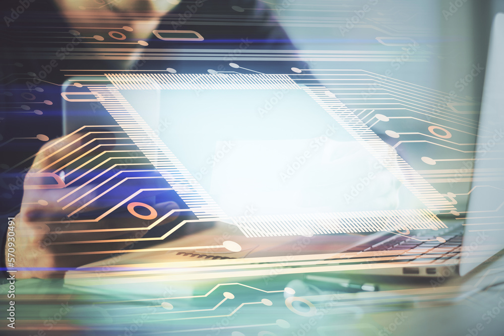 Poster Multi exposure of man's hands holding and using a digital device and data theme drawing. Innovation concept.