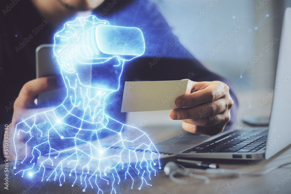 Poster double exposure of man's hands holding and using a digital device and ar glasses drawing. virtual re