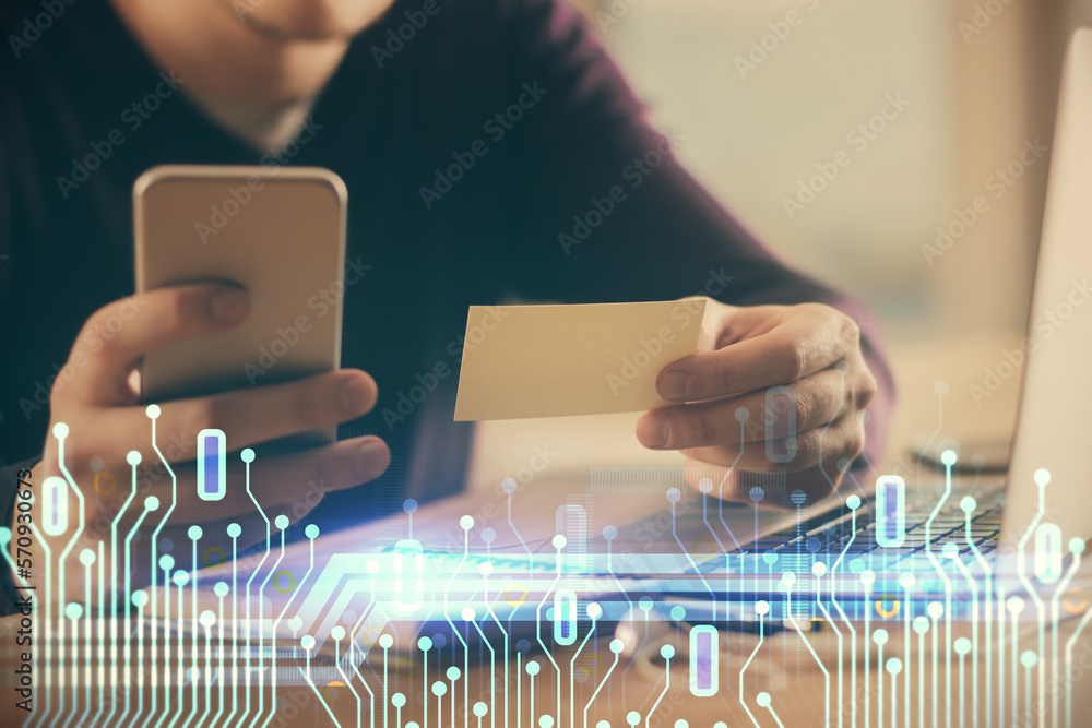 Poster multi exposure of man's hands holding and using a digital device and data theme drawing. innovation 