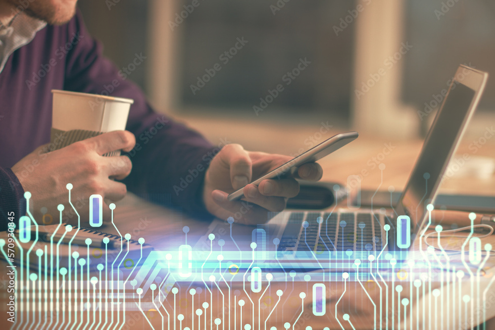 Poster Multi exposure of man's hands holding and using a digital device and data theme drawing. Innovation concept.