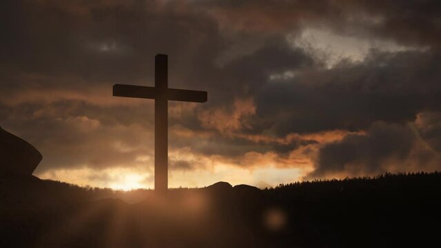 Cross Hill at sunset Christianity symbolizes Faith Power Worship Easter Seamless Looping Video