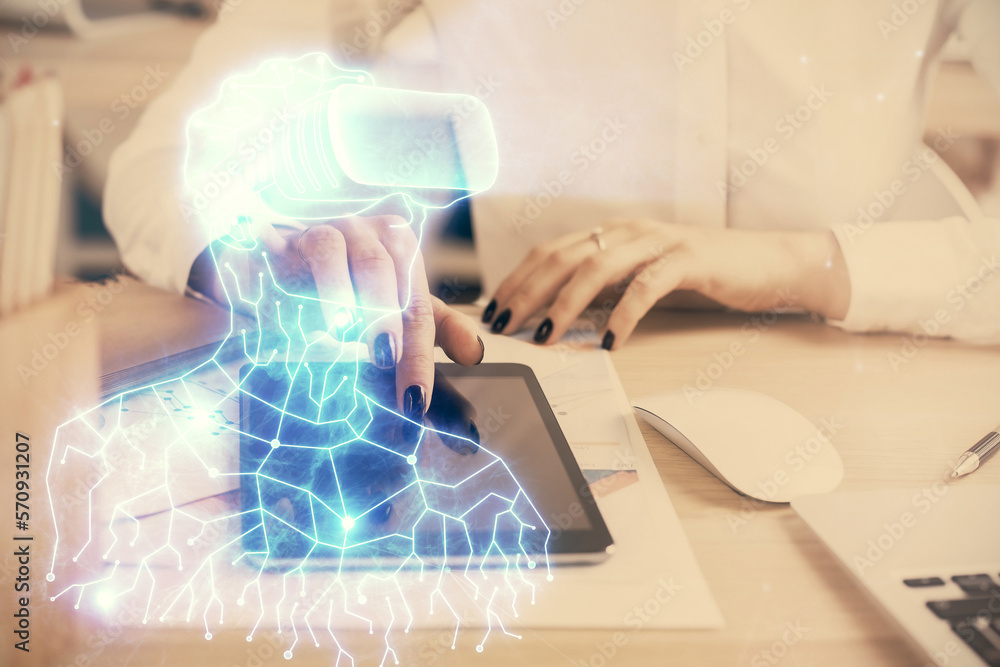 Poster double exposure of man in vr glasses sketch hologram and woman holding and using a mobile device.