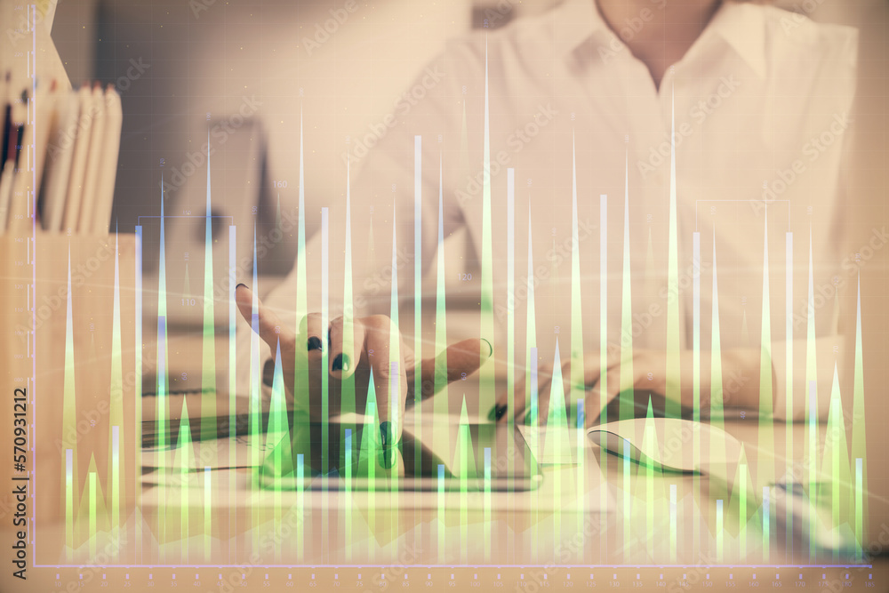 Aufkleber double exposure of forex chart sketch hologram and woman holding and using a mobile device. financia