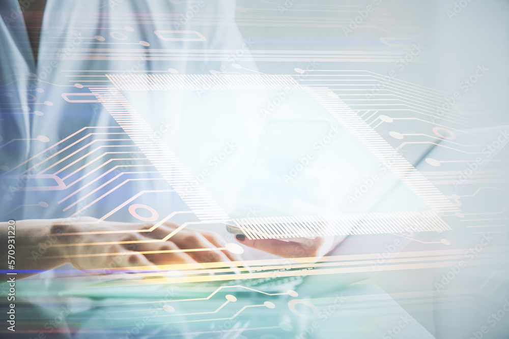 Poster double exposure of technology sketch hologram and woman holding and using a mobile device. ai concep