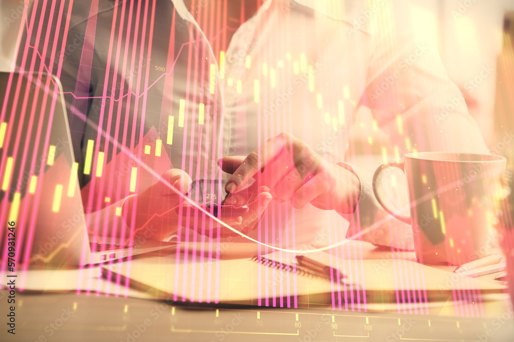 Poster double exposure of forex chart sketch hologram and woman holding and using a mobile device. financia
