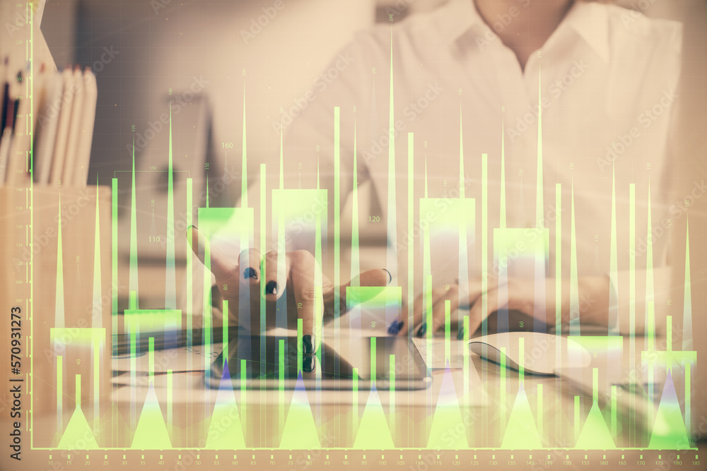 Poster double exposure of forex chart sketch hologram and woman holding and using a mobile device. financia
